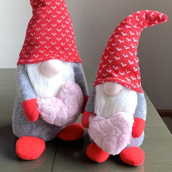 11 1/2"L Valentine's Day Plush Love Gnome Doll Holding Pink Heart Red Knit Cap - Picture 6 of 6